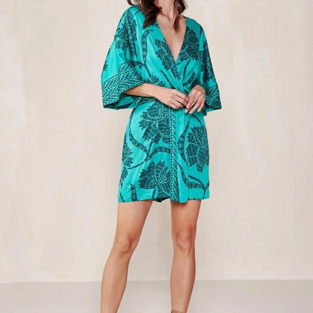 Omika-Margot teal/black wrap kimono style mini dress-NWT